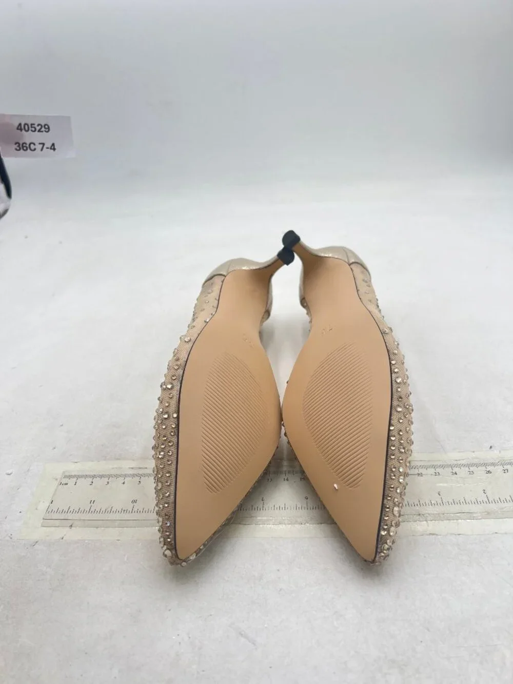 XYD Champagne Closed Toe Slip On Graceful Mesh Pumps Rhinestone Studs Shoes